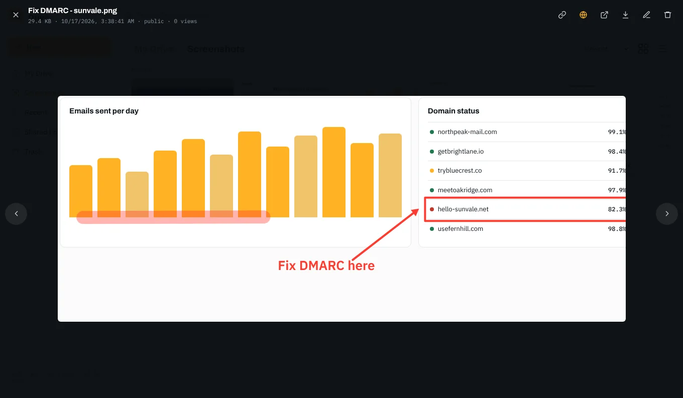 Full-screen preview of a screenshot in the drive with link, share, download and rename actions