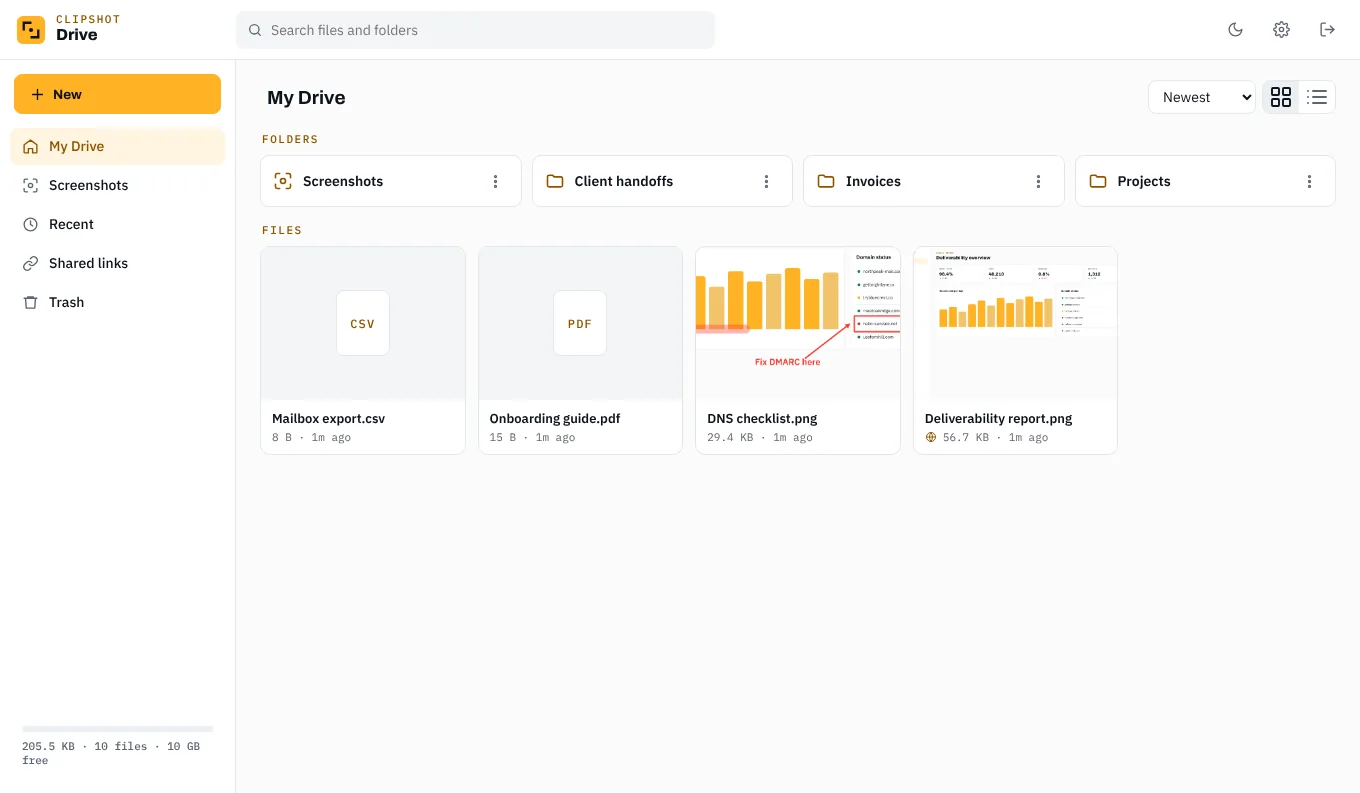 ClipShot Drive showing folders (Screenshots, Client handoffs, Invoices, Projects) and files