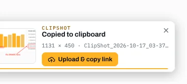 Popup: Copied to clipboard, with an Upload & copy link button