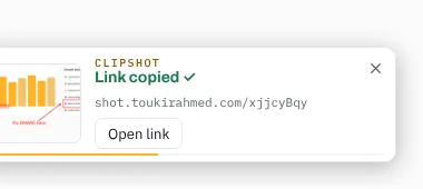 Popup: Link copied, showing the short link and an Open link button