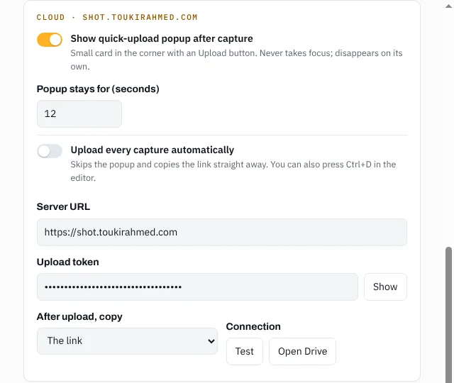 ClipShot settings: quick-upload popup and cloud connection