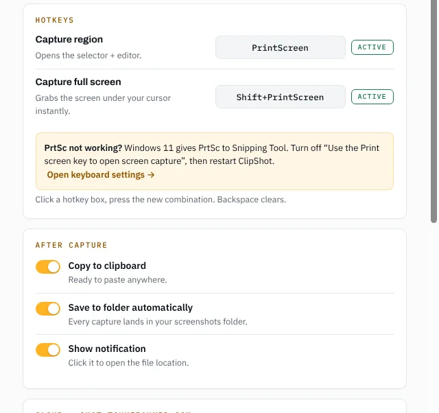 ClipShot settings: hotkeys and after-capture options