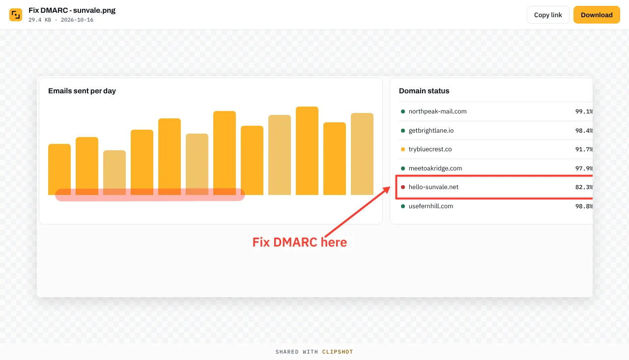 The public share page for an uploaded screenshot with Copy link and Download buttons